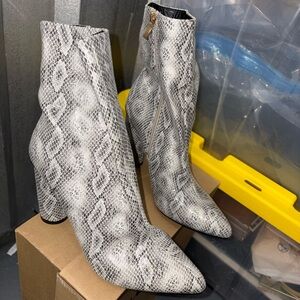 Fashion Nova Gray Snakeskin Heeled Boots